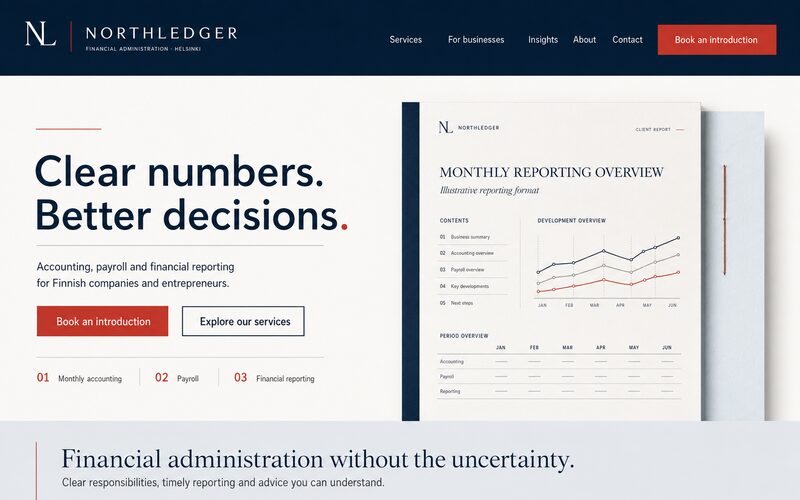 Northledger financial administration website concept with structured reporting and corporate branding.