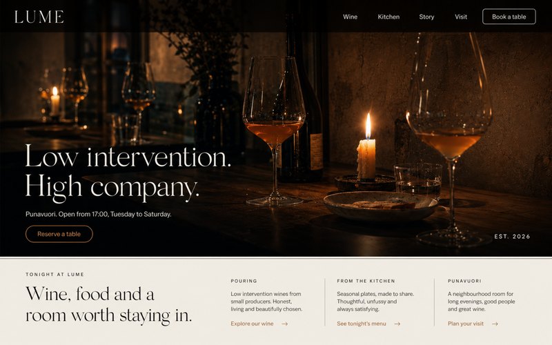 Lume Wine Bar website concept with candlelit photography, reservation navigation and an editorial hospitality layout.