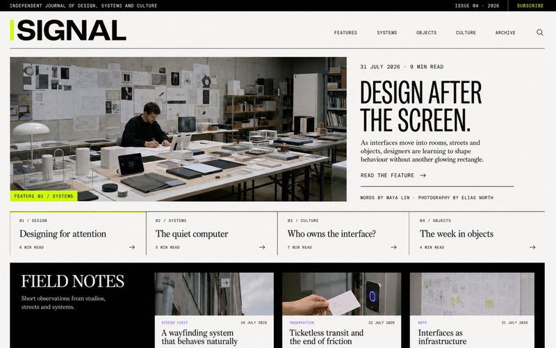 Signal Design Journal website concept with a modern editorial grid, design-studio photography and structured article navigation.