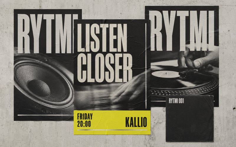 Rytmi music campaign concept with black-and-white turntable imagery, bold condensed typography and a yellow event panel.