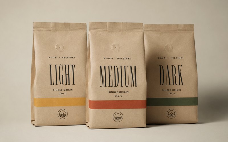 Kausi coffee packaging concept with three kraft-paper bags for light, medium and dark roasts.