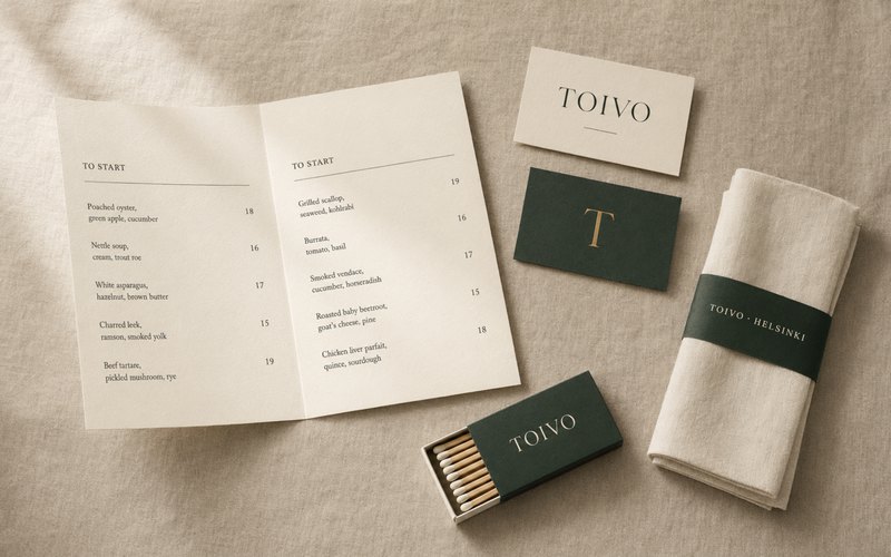 Toivo restaurant identity concept featuring a printed menu, business cards, matchbox and branded table linen.