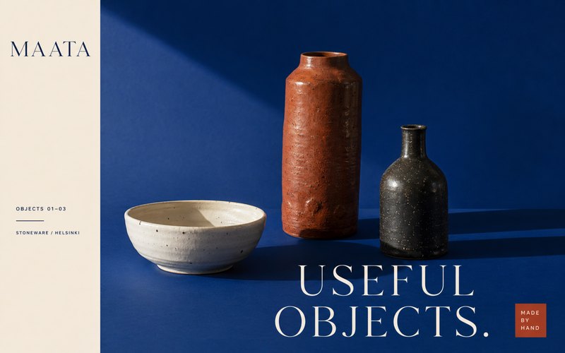 Maata ceramics brand concept with handmade stoneware photographed against a deep blue background.