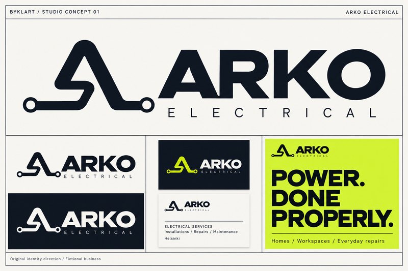 Arko Electrical studio concept board: navy wordmark with a circuit-line A, light and dark logo versions, business cards and a lime service graphic.