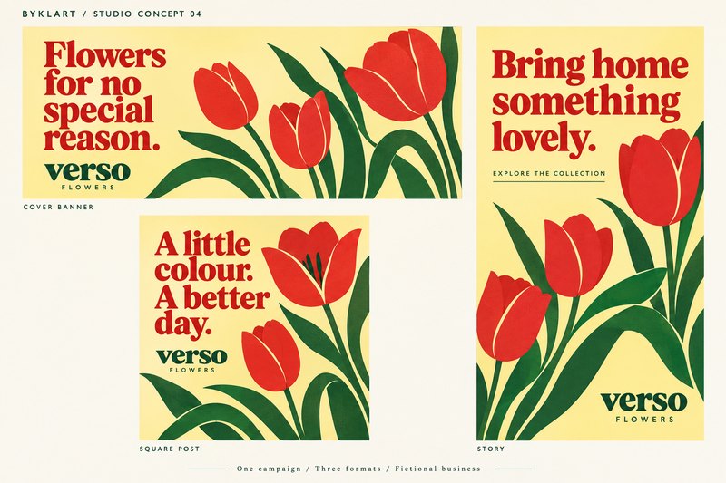 Verso Flowers studio concept board: illustrated red tulips on pale yellow shown as a cover banner, square post and vertical story.