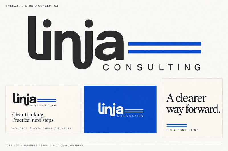 Linja Consulting studio concept board: charcoal wordmark with cobalt double line, two business cards and a promotional graphic.