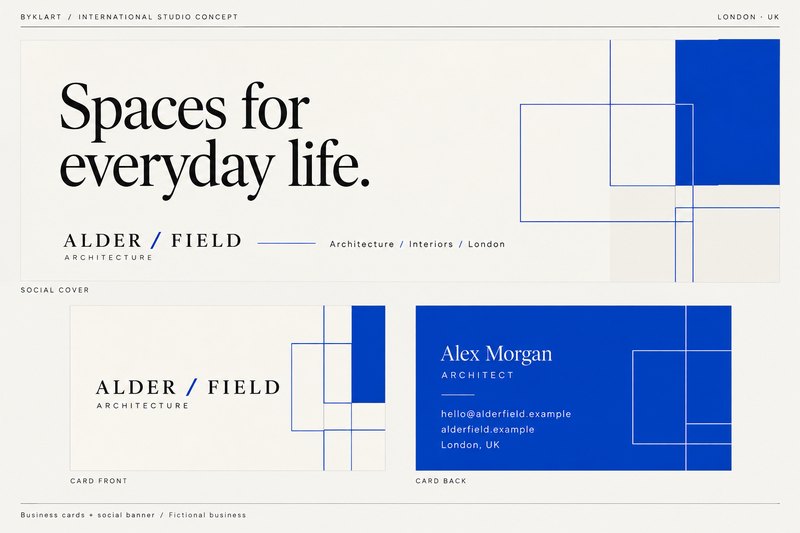 Alder / Field studio concept board: serif social cover with cobalt line geometry and matching front and back business cards.