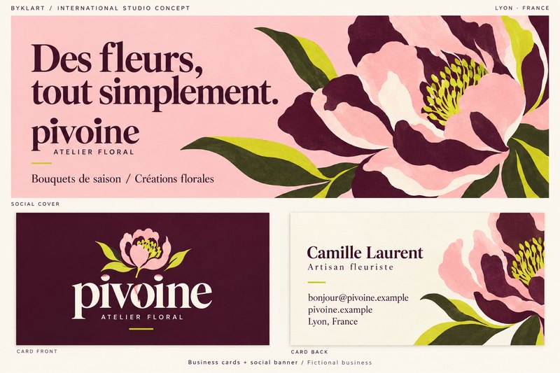 Pivoine Atelier Floral -konseptityö: ranskankielinen banneri vaaleanpunaisella pionikuvituksella sekä luumun- ja kermanväriset käyntikortit.