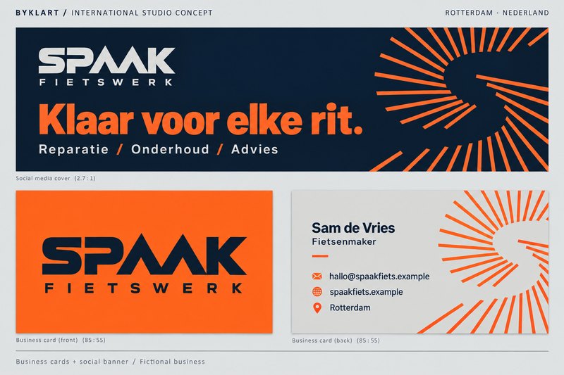 Spaak Fietswerk -konseptityö: tummansininen ja oranssi hollanninkielinen somekansikuva pinnagrafiikalla sekä siihen sopivat käyntikortit.