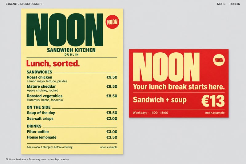 NOON Sandwich Kitchen -konseptityö: keltainen take away -menu vihreällä NOON-logolla ja punainen lounasmainoskortti.