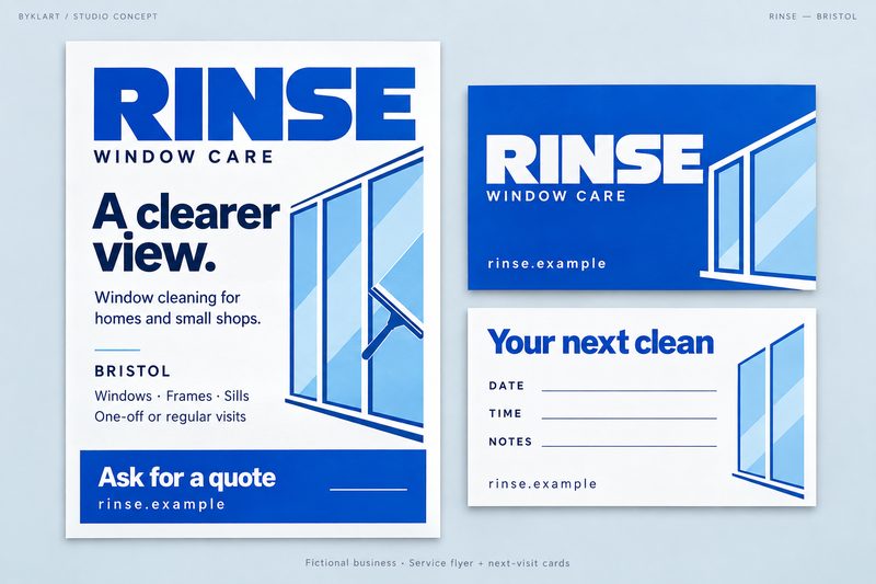 RINSE Window Care -konseptityö: sinivalkoinen ikkunanpesun mainoslehtinen, sininen kortti ja seuraavan käynnin kortti.