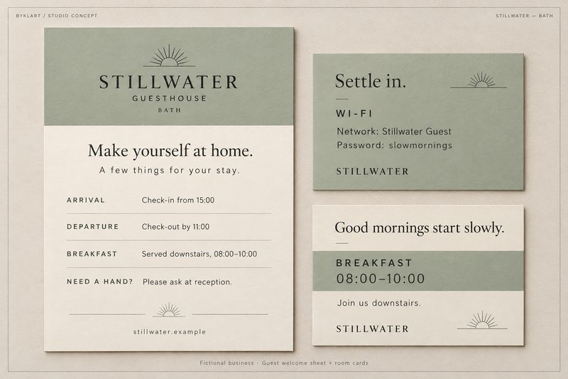 STILLWATER Guesthouse -konseptityö: salvianvihreä ja norsunluunvalkoinen tervetulotiedote sekä Wi-Fi- ja aamiaiskortit.